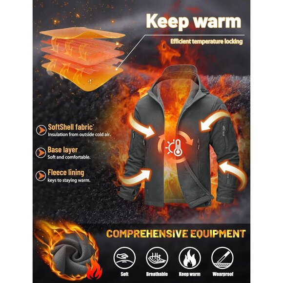 Men's Gray Fleece Jacket Black Hoodies Winter Coats Windproof Hoodies - Picture 3 of 7